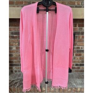 Tablots Pink Cardigan 3XL Fringe Open Front Sweater Preppy Coastal Boho Layer